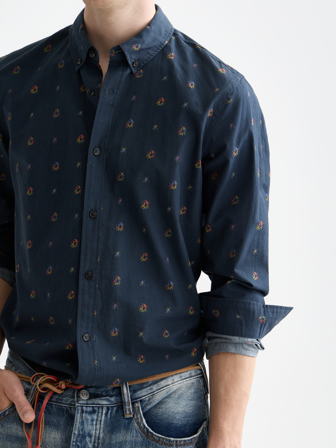 Long-sleeve printed shirt by Scotch & Soda featuring vibrant patterns and casual fit, shown on a white background.