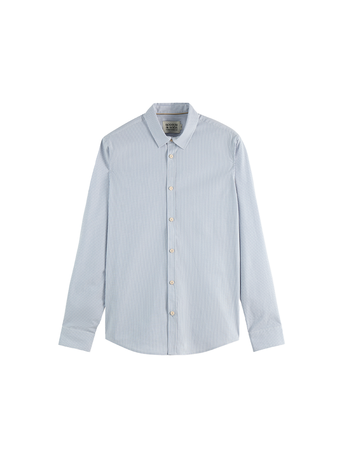 Long-sleeve Scotch & Soda poplin striped shirt hanging on a wooden hanger, featuring blue and white vertical stripes.