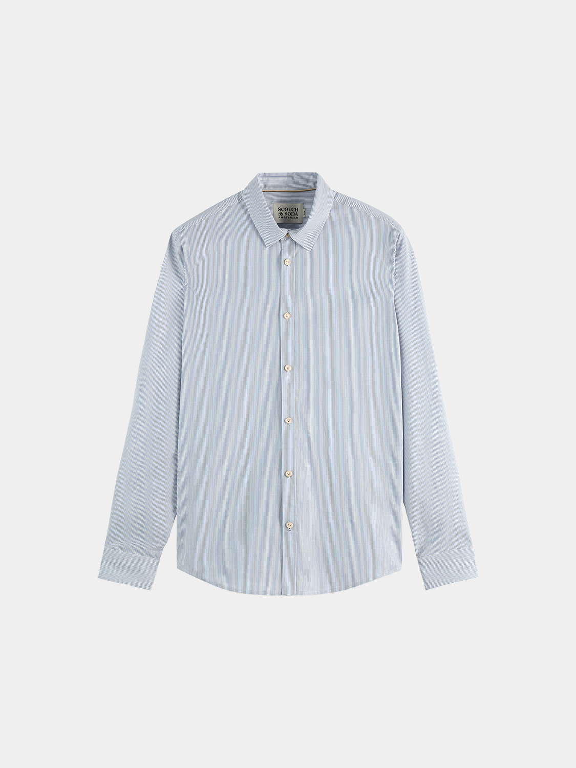 Long-sleeve Scotch & Soda poplin striped shirt hanging on a wooden hanger, featuring blue and white vertical stripes.