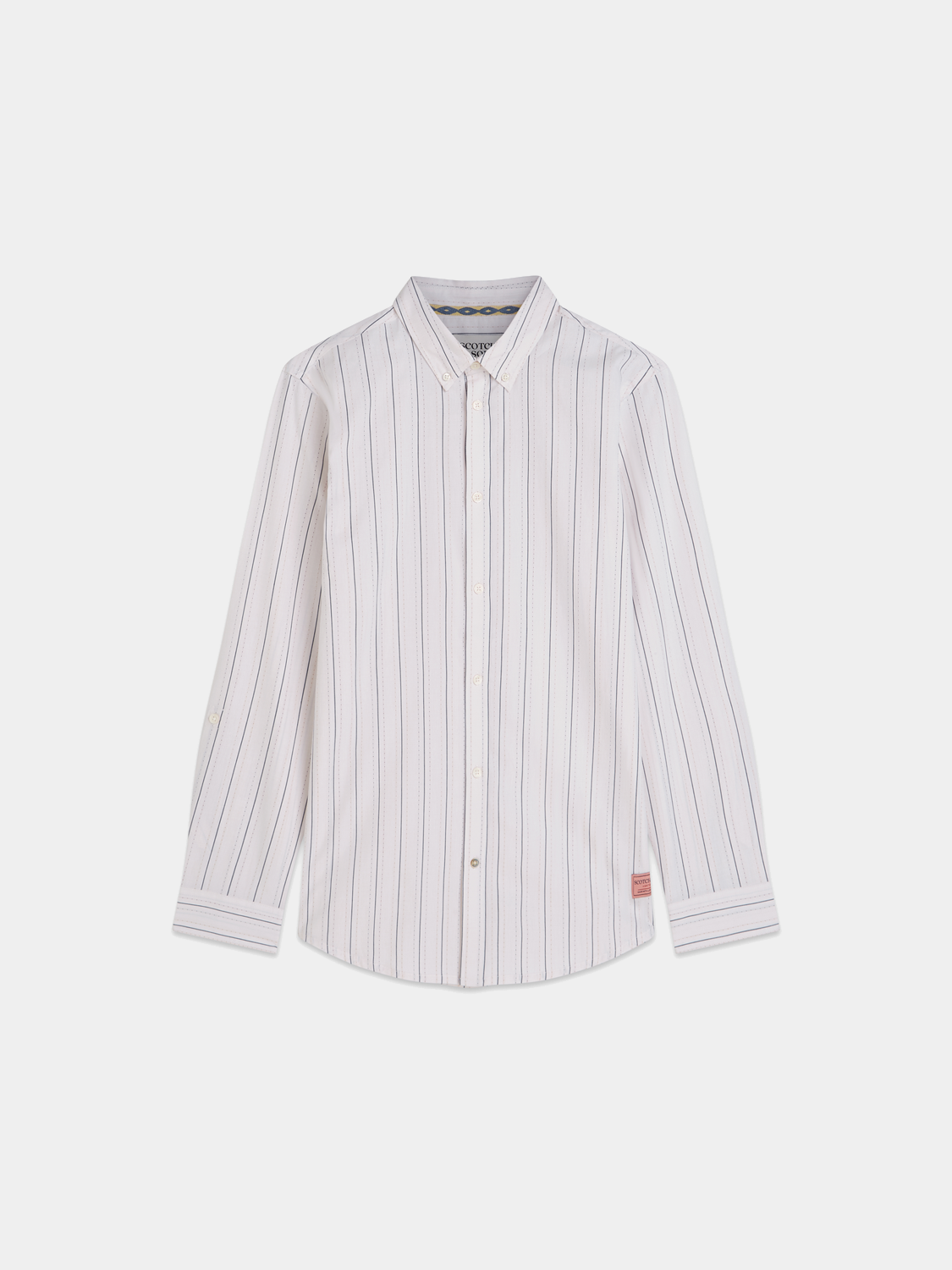 Long-sleeve Scotch & Soda Dobby shirt with a classic pattern, shown in a close-up view highlighting the fabric texture and design.