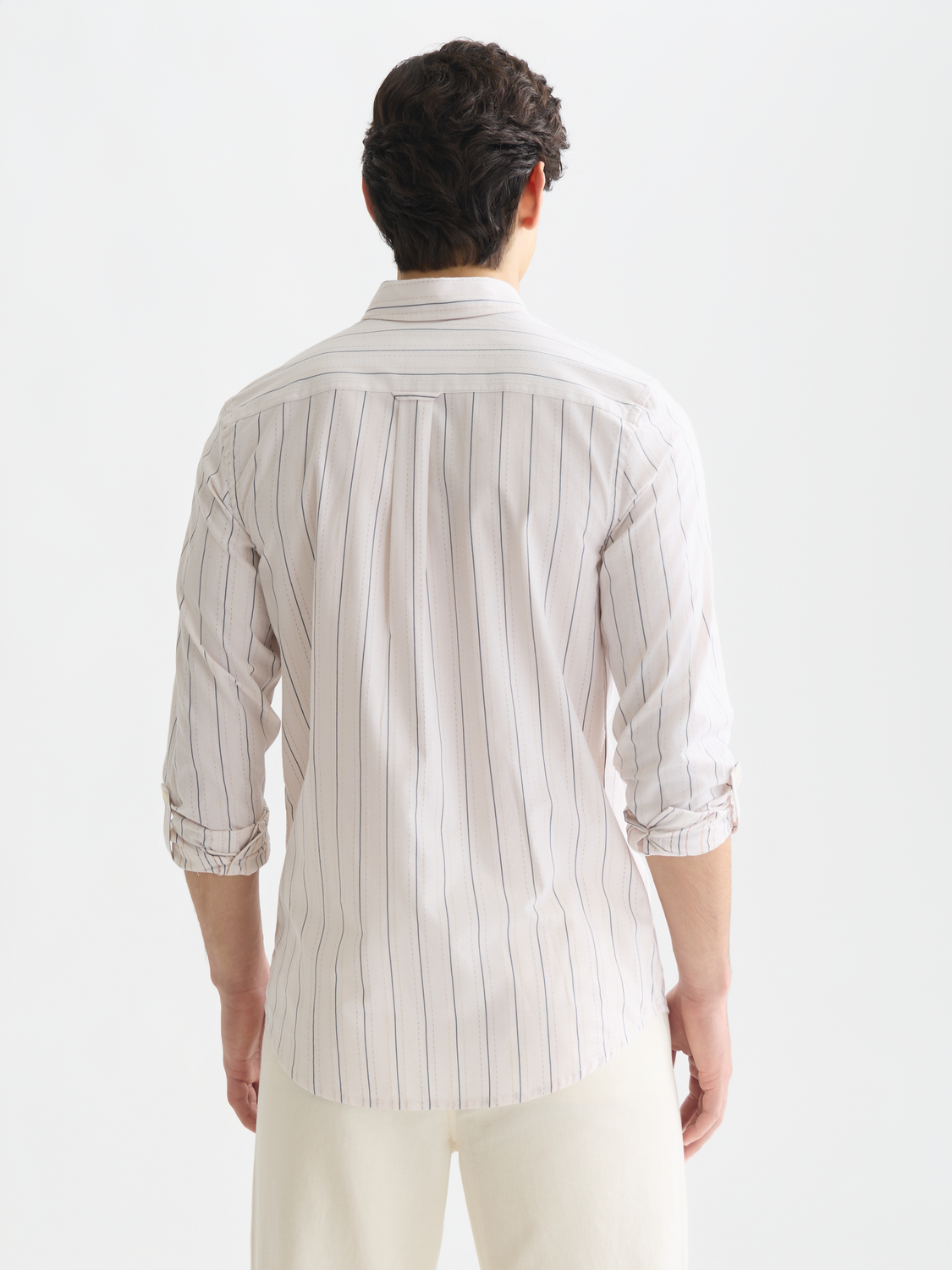 Long-sleeve Dobby shirt by Scotch & Soda featuring intricate woven fabric and a classic fit, shown from the back.