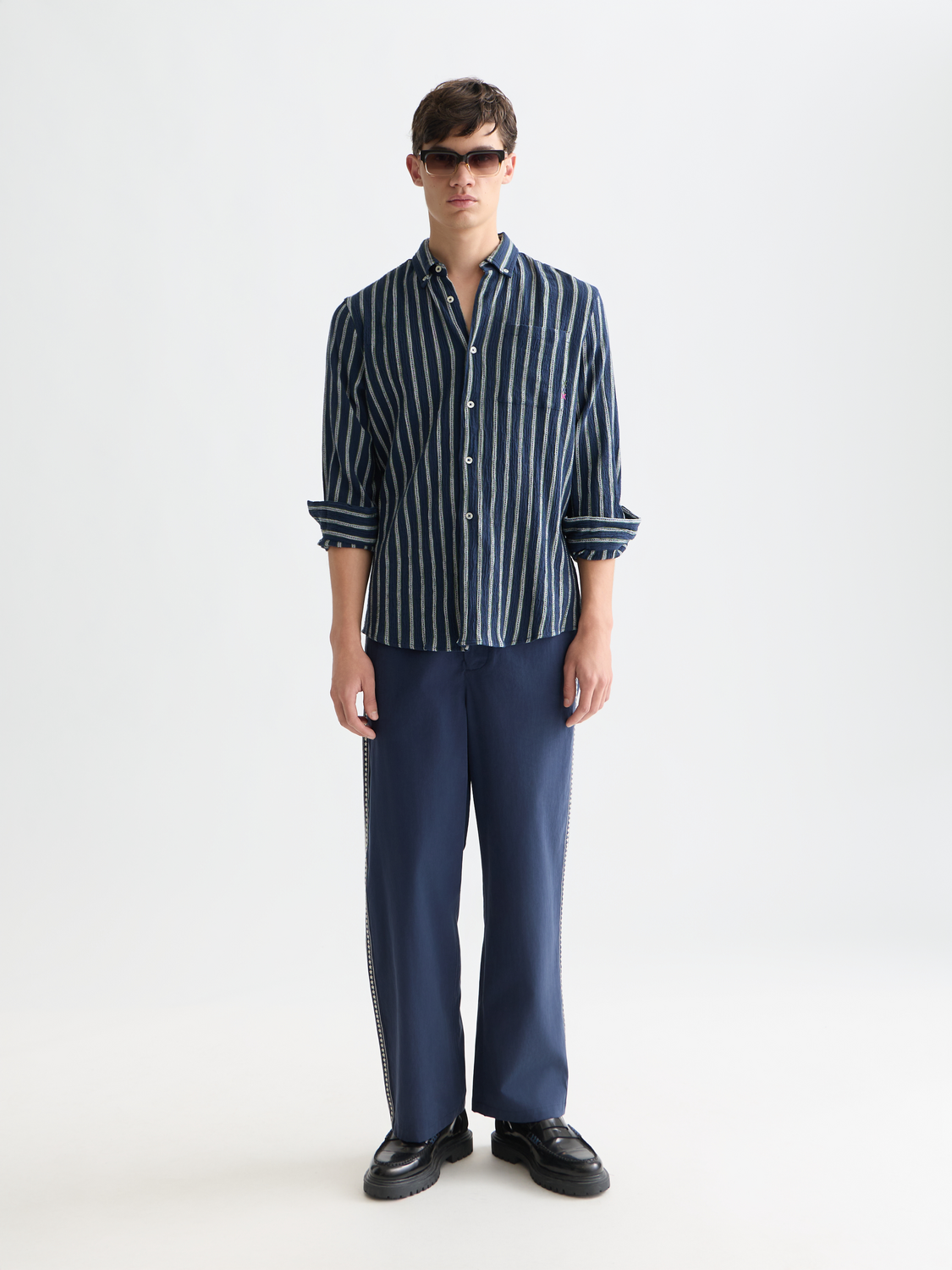 Long sleeve striped crinkle shirt by Scotch & Soda, featuring a casual, textured design and vibrant color stripes.
