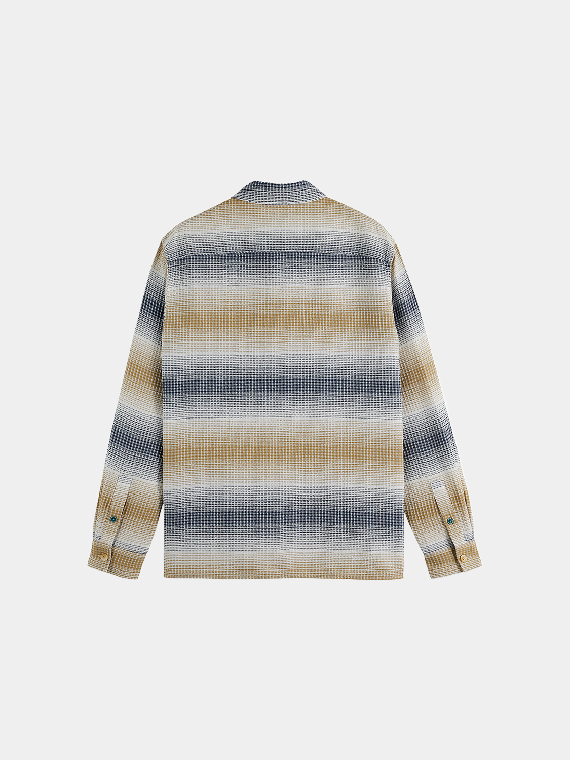 Black and white striped Scotch & Soda long sleeve waffle shirt with a classic collar and button front.