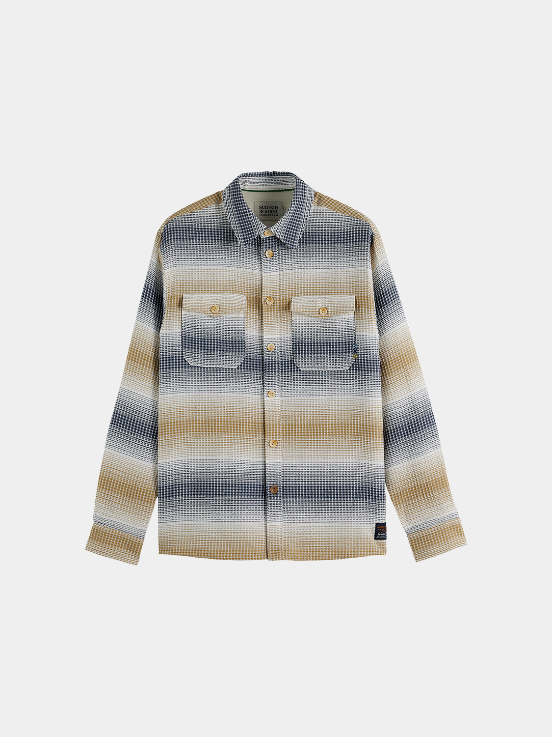 Long sleeve striped waffle shirt by Scotch & Soda, showing the textured fabric and classic pattern on a casual style shirt.