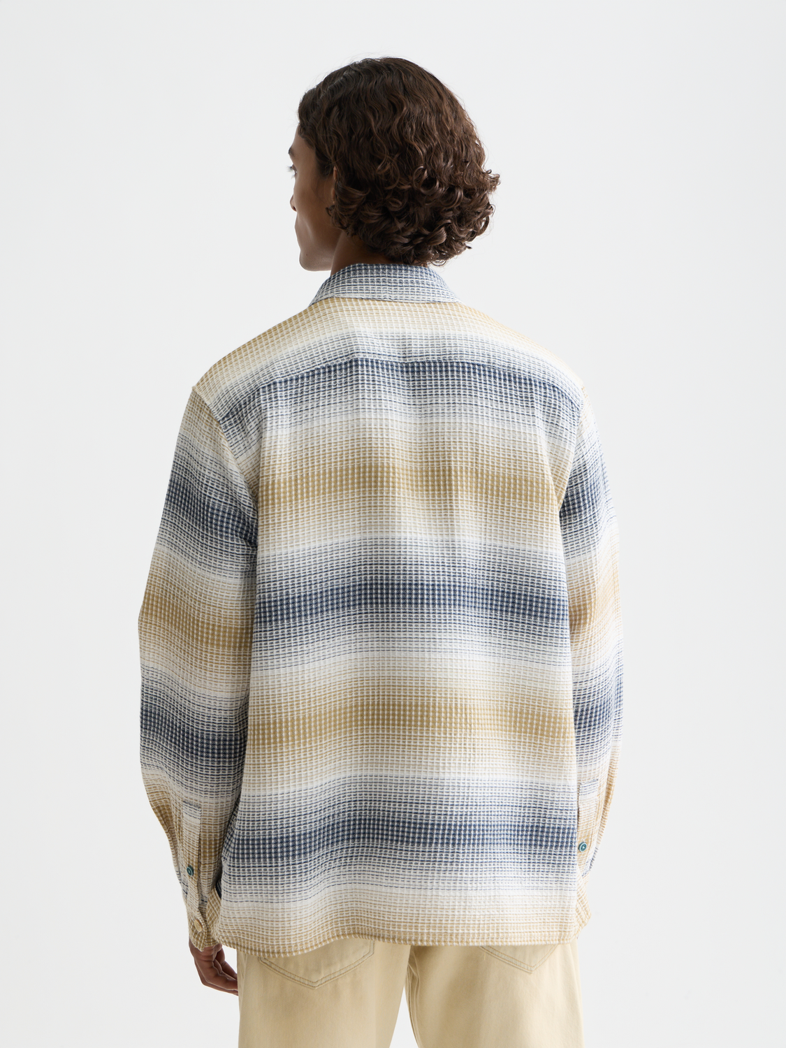 Long sleeve striped waffle shirt by Scotch & Soda, shown from the back with a relaxed fit and textured fabric.