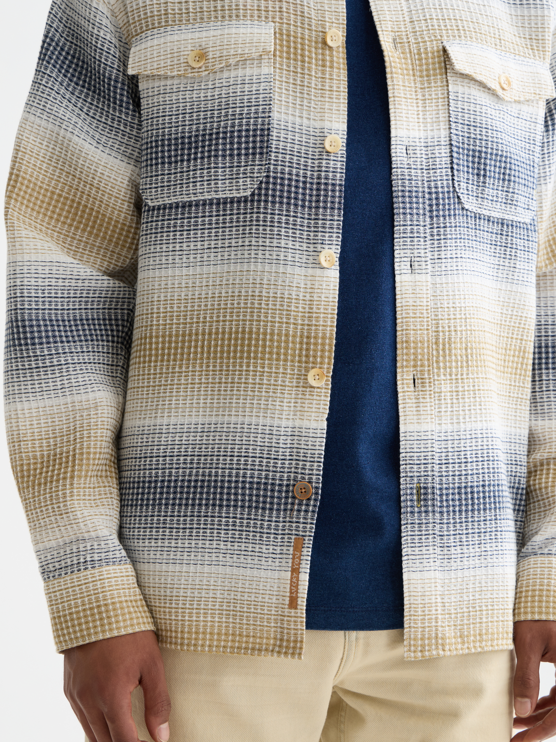 Long-sleeve striped waffle shirt by Scotch & Soda, featuring a casual fit and classic pattern on soft fabric.