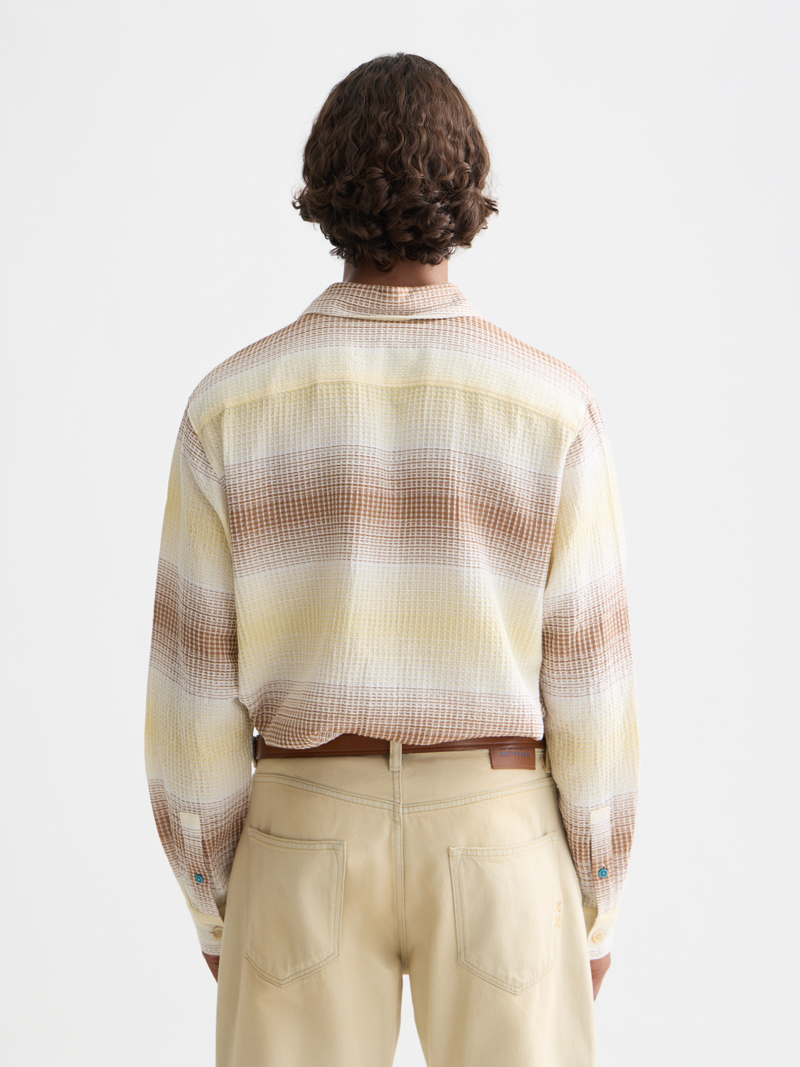 Scotch & Soda striped waffle long sleeve shirt with blue and white pattern, casual fit, back view image.