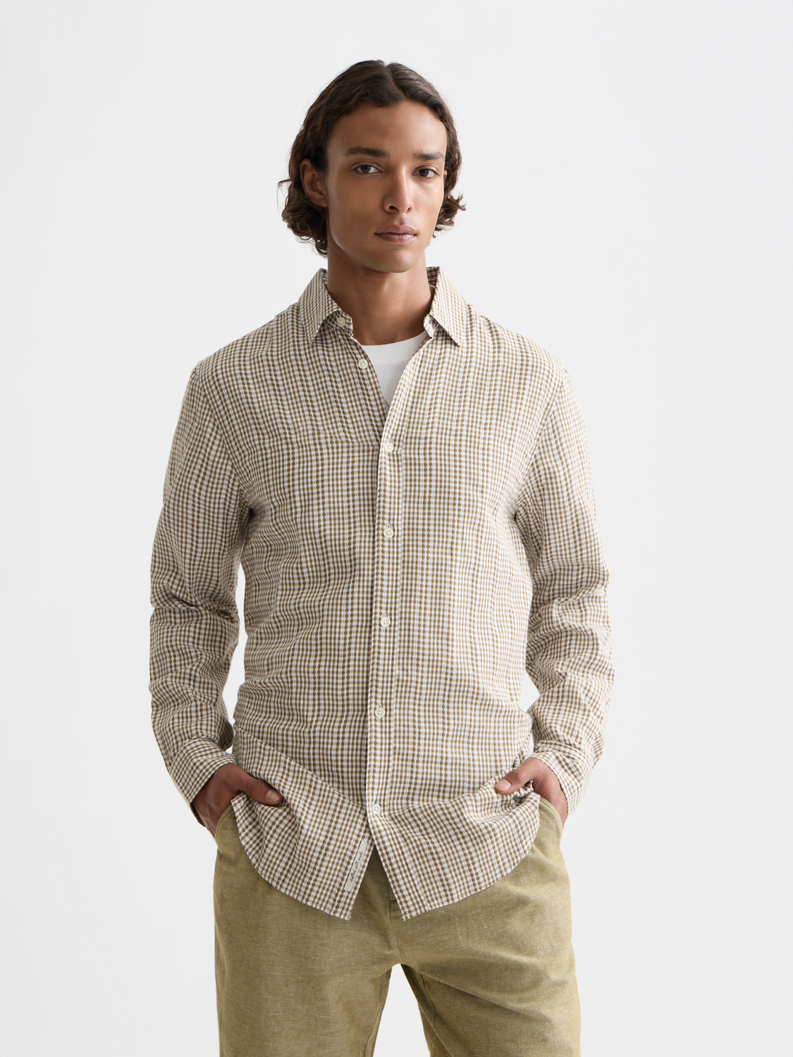 Long sleeve Scotch & Soda poplin microcheck shirt in blue and white with a classic collar and button front.