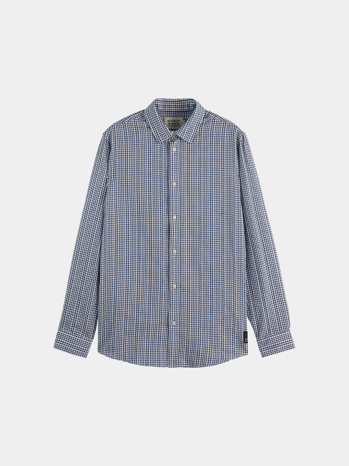 Scotch & Soda long sleeve poplin microcheck shirt in blue and white, showing a close-up of the fabric and collar detail.