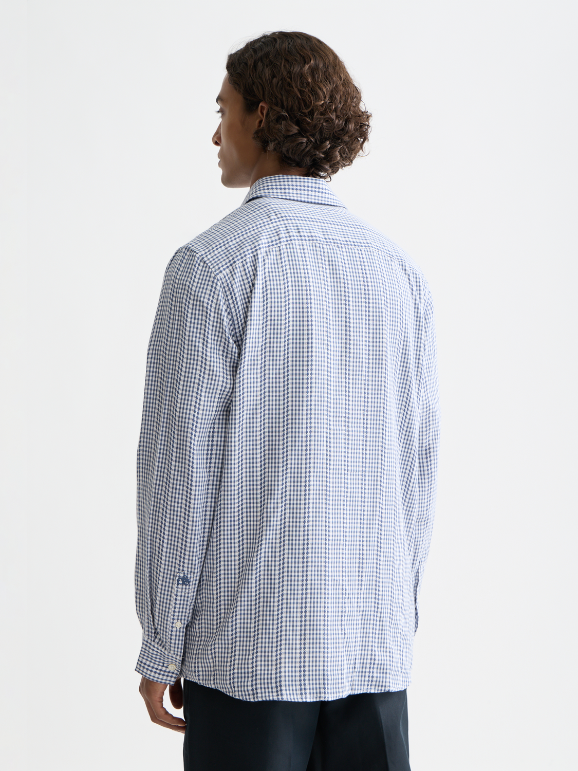 Long sleeve Scotch & Soda poplin microcheck shirt with button-up front and classic collar, shown in a close-up view.