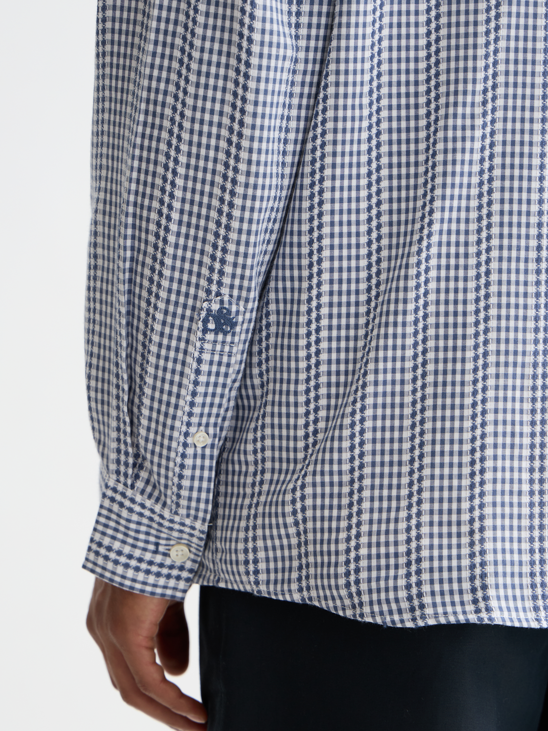 Scotch & Soda long-sleeve poplin microcheck shirt with button-down collar and tailored fit, displayed on a neutral background.