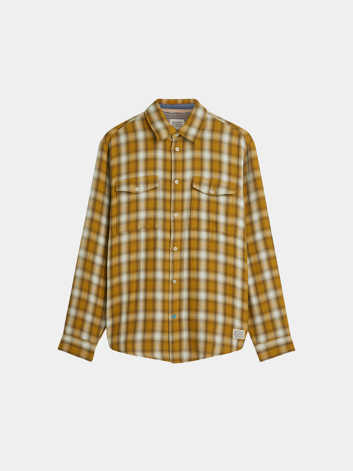 Long sleeve Scotch & Soda double cloth check shirt with button collar and chest pocket, featuring a classic plaid pattern.