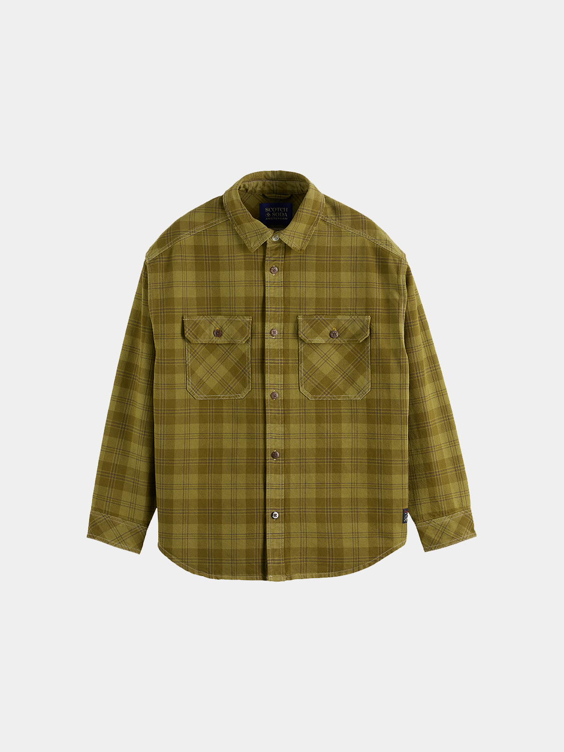 Checked overshirt jacket by Scotch & Soda with button-front and classic collar, displayed on a hanger.