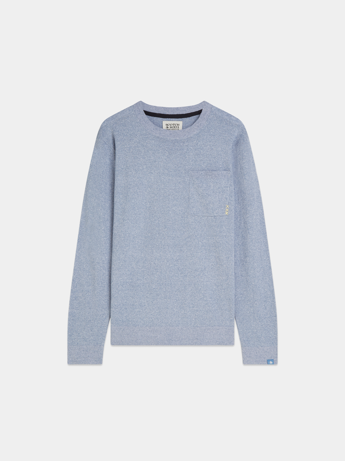 Linen-blend melange pullover by Scotch & Soda, showing a close-up of the knitwear fabric and textured knit pattern.