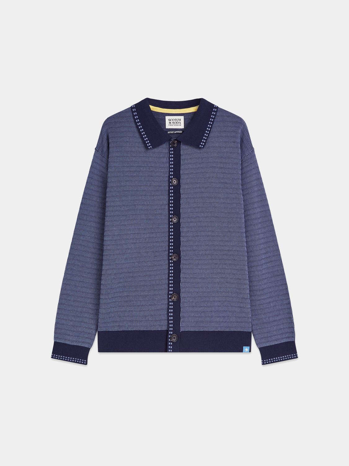 Cream-colored Scotch & Soda polo cardigan knitwear featuring a button-up front and ribbed cuffs, shown on a plain background.