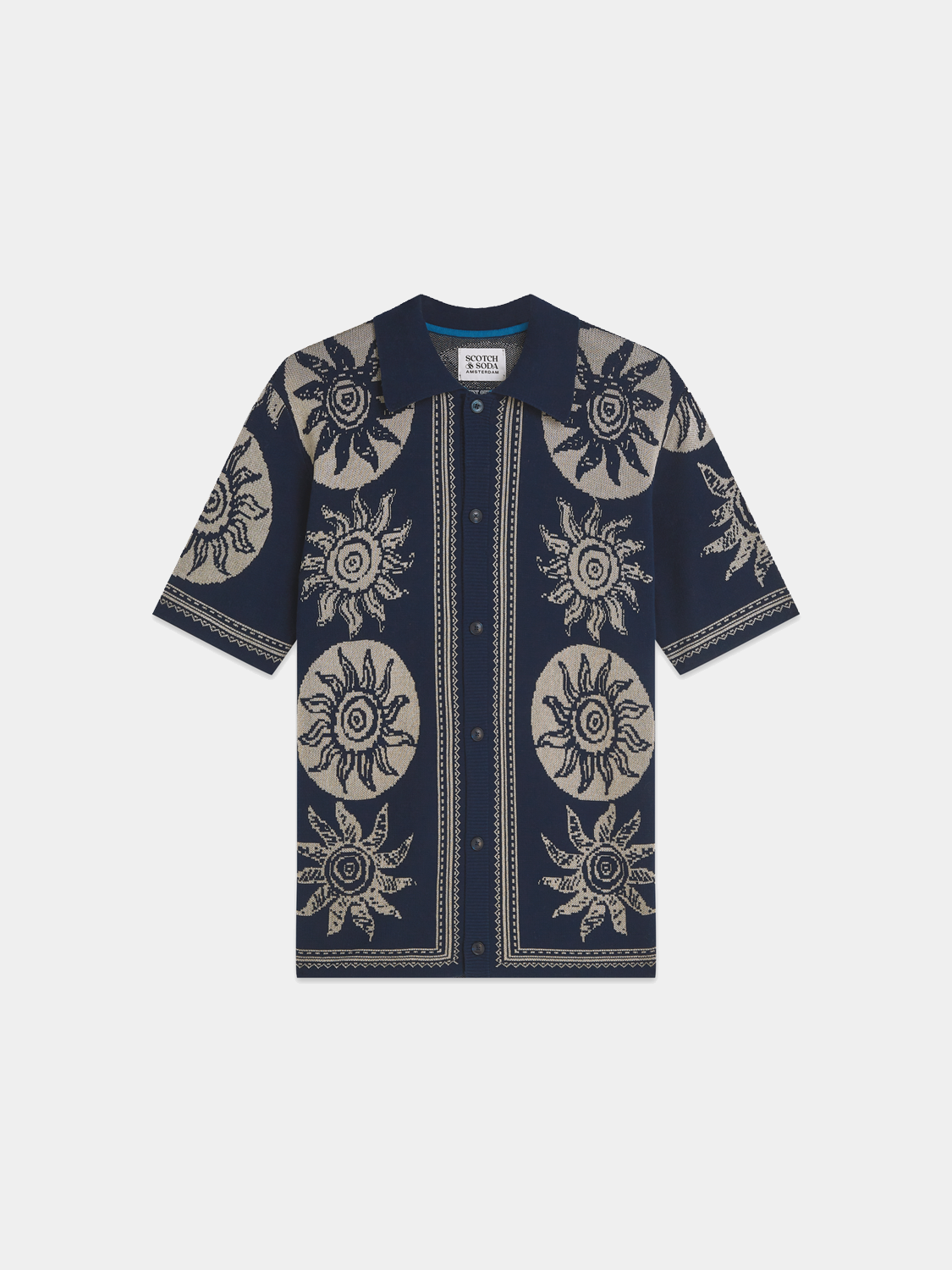 Knitted jacquard short-sleeved shirt by Scotch & Soda, featuring intricate knit patterns and a comfortable fit.