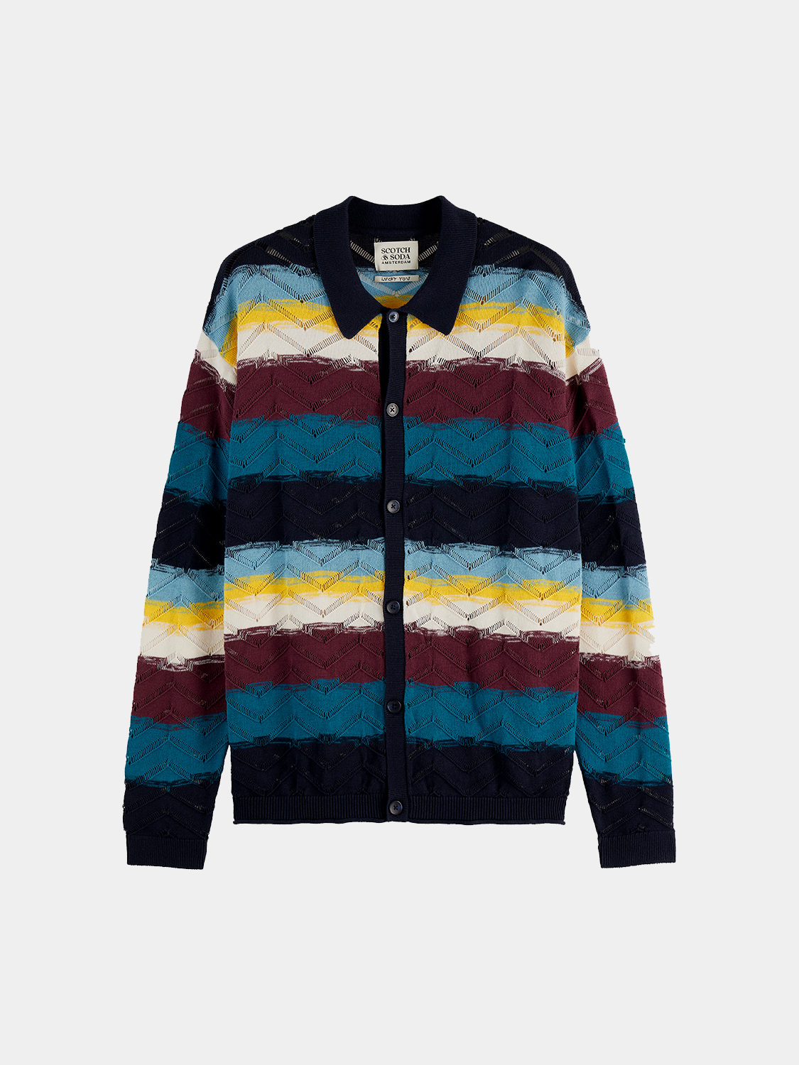 Open structure knit cardigan by Scotch & Soda, featuring lightweight, breathable design with a relaxed fit and textured knit pattern.
