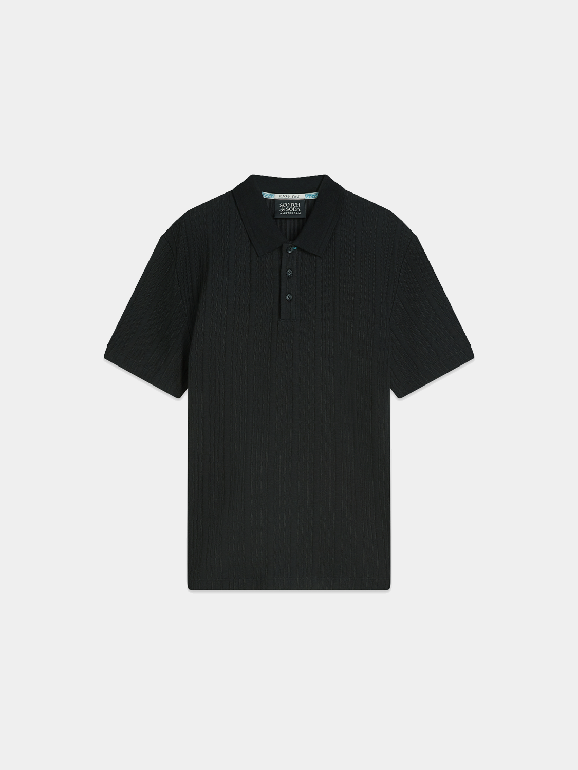 Navy ribbed polo shirt by Scotch & Soda featuring a classic collar and short sleeves, displayed flat on a white background.