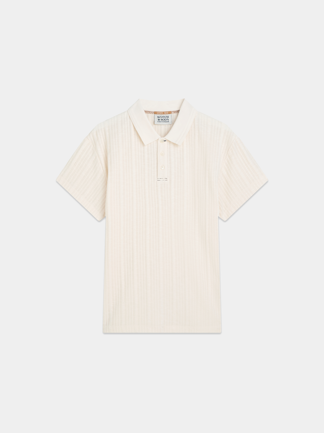 Ribbed polo shirt by Scotch & Soda featuring a classic collar and textured fabric, displayed on a neutral background.