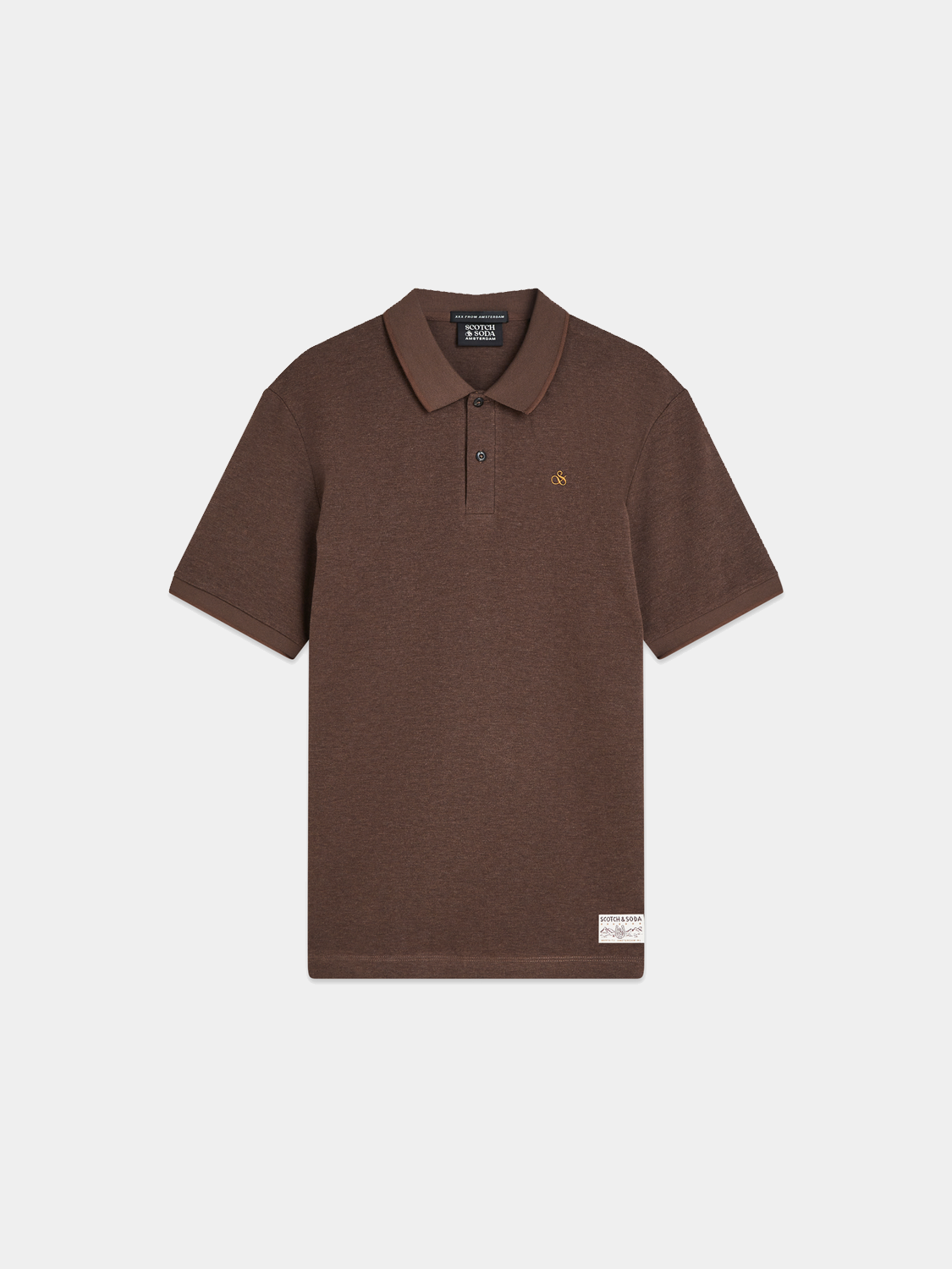 SCOTCH & SODA Melange polo shirt in navy with a classic collar and short sleeves, displayed on a plain background.