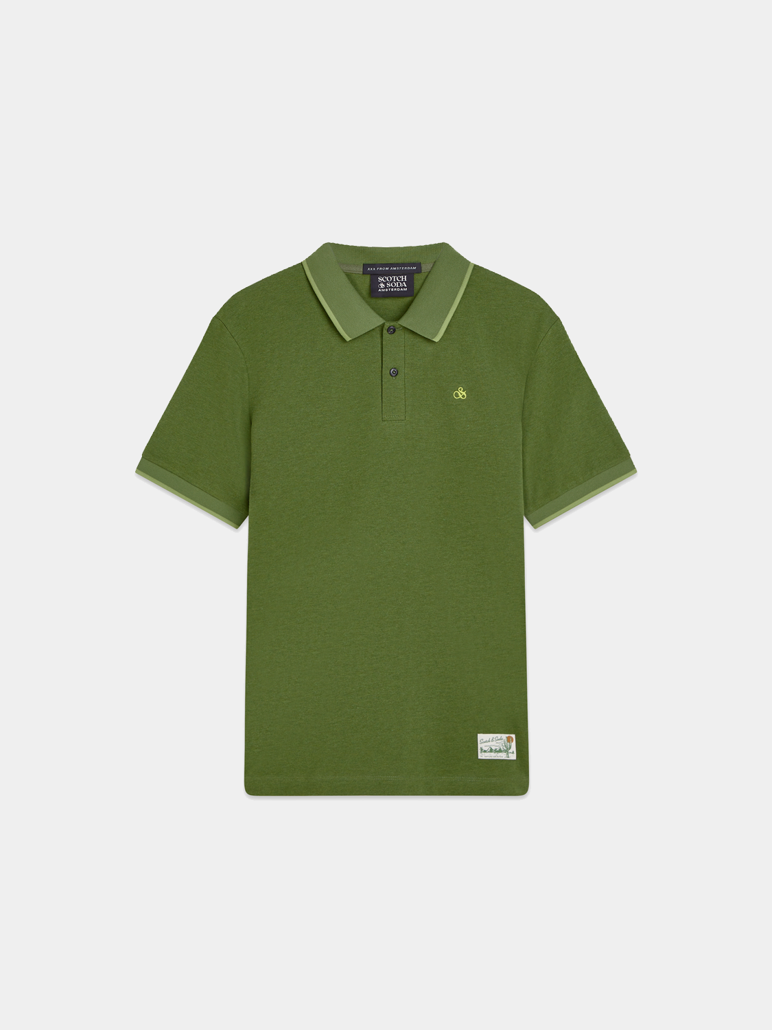 SCOTCH & SODA Melange polo shirt featuring a classic collar and short sleeves, displayed on a plain background.
