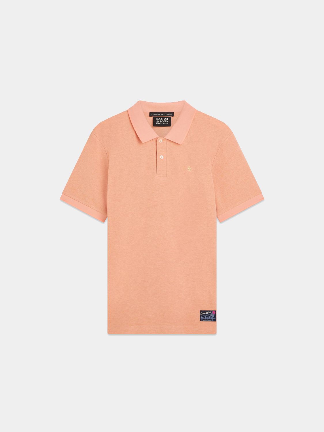 Scotch & Soda melange polo shirt with a classic collar and short sleeves, featuring a textured fabric in a neutral tone.