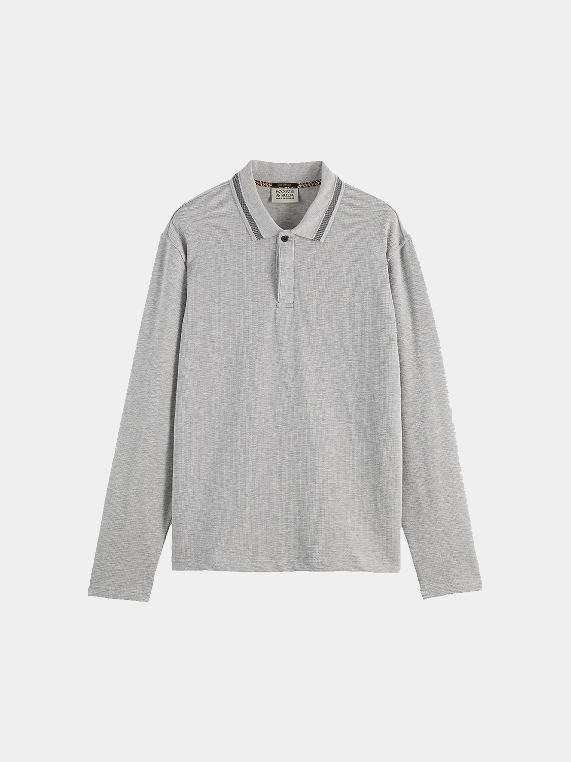 Long-sleeved polo shirt by Scotch & Soda in navy with a classic collar and button placket, displayed on a plain background.