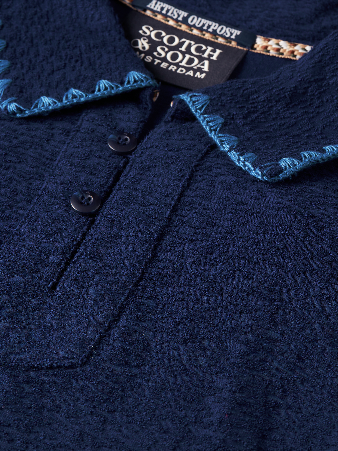 Scotch & Soda jacquard towelling polo shirt in navy with textured fabric and classic collar, casual men's polo top.
