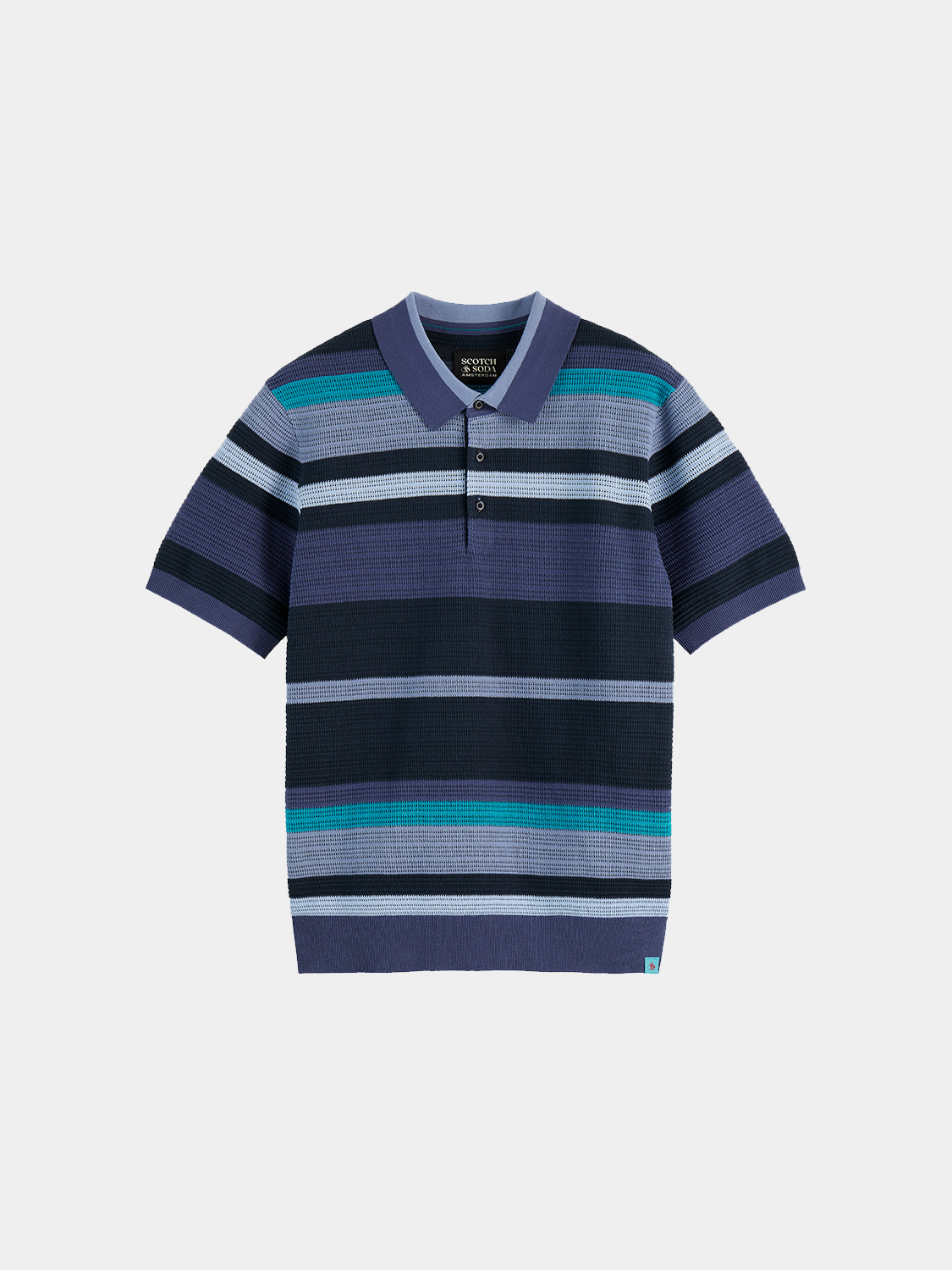 Scotch & Soda knitted polo shirt in navy with a classic collar and short sleeves, displayed on a neutral background.