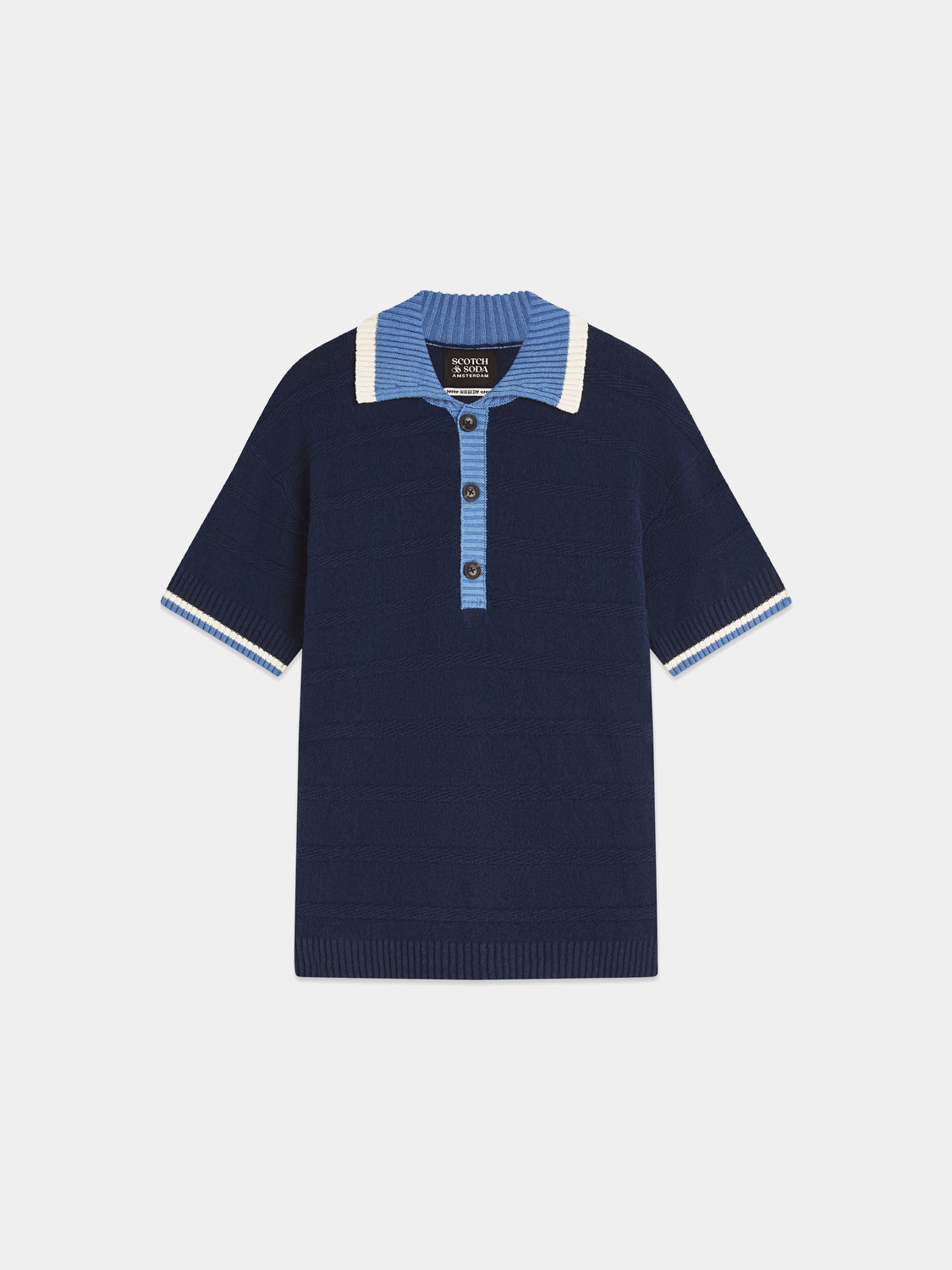 Gray knitted polo shirt by Scotch & Soda, featuring a classic collar and textured knit fabric.