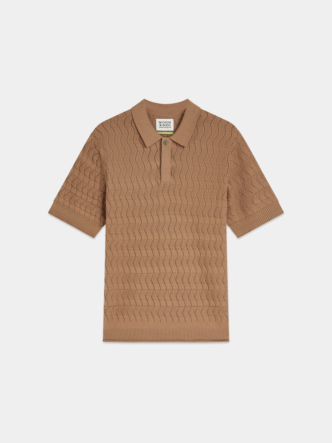 Knitted polo shirt from Scotch & Soda featuring a classic collar, button placket, and textured knit fabric.