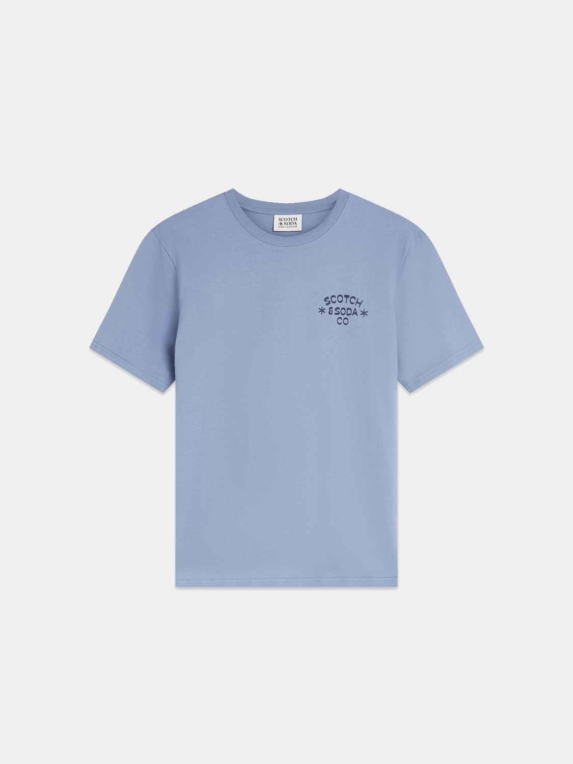 Light blue SCOTCH & SODA short-sleeve artwork T-shirt with colorful graphic design on front.
