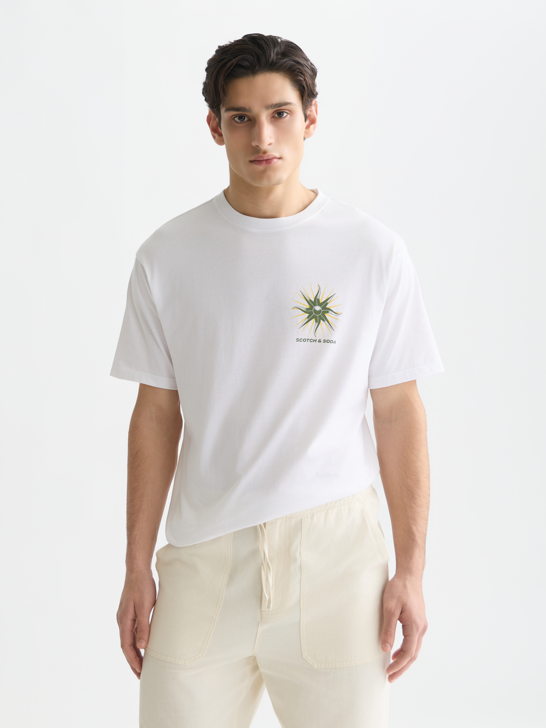 SCOTCH & SODA artwork short sleeve T-shirt featuring a colorful graphic design on the front.
