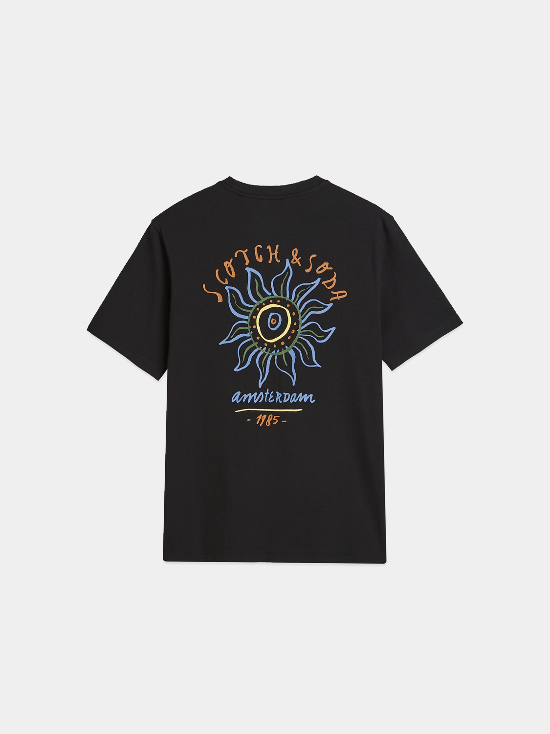 Black Scotch & Soda artwork T-shirt featuring a graphic print on the front, short sleeve design, casual fit.