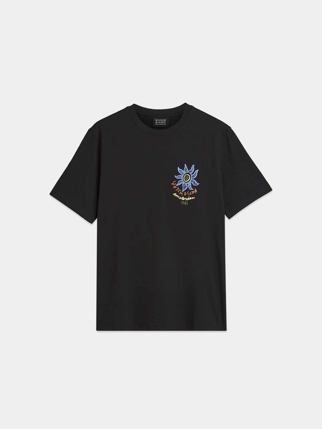 SCOTCH & SODA artwork t-shirt with short sleeves, featuring a colorful graphic design on the front.