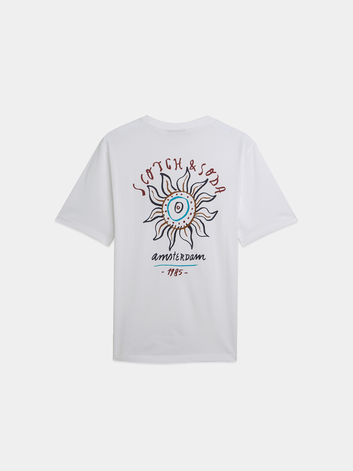 Scotch & Soda short sleeve artwork t-shirt with vibrant graphic design on black fabric, casual men's fashion tee