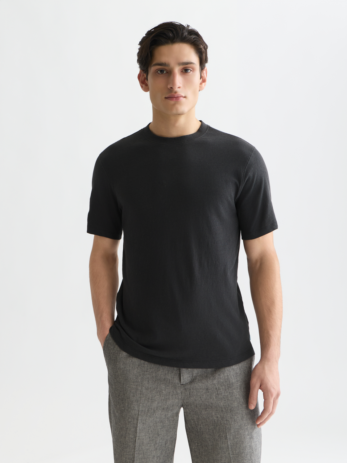 Light gray cotton-linen short-sleeve t-shirt by Scotch & Soda, with a relaxed fit and front graphic design.