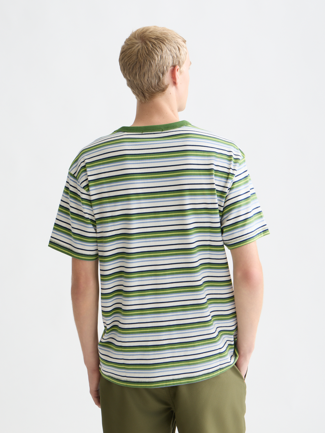 Yarn-dyed Scotch & Soda short-sleeve t-shirt with a back view, showcasing vibrant color and casual fit.