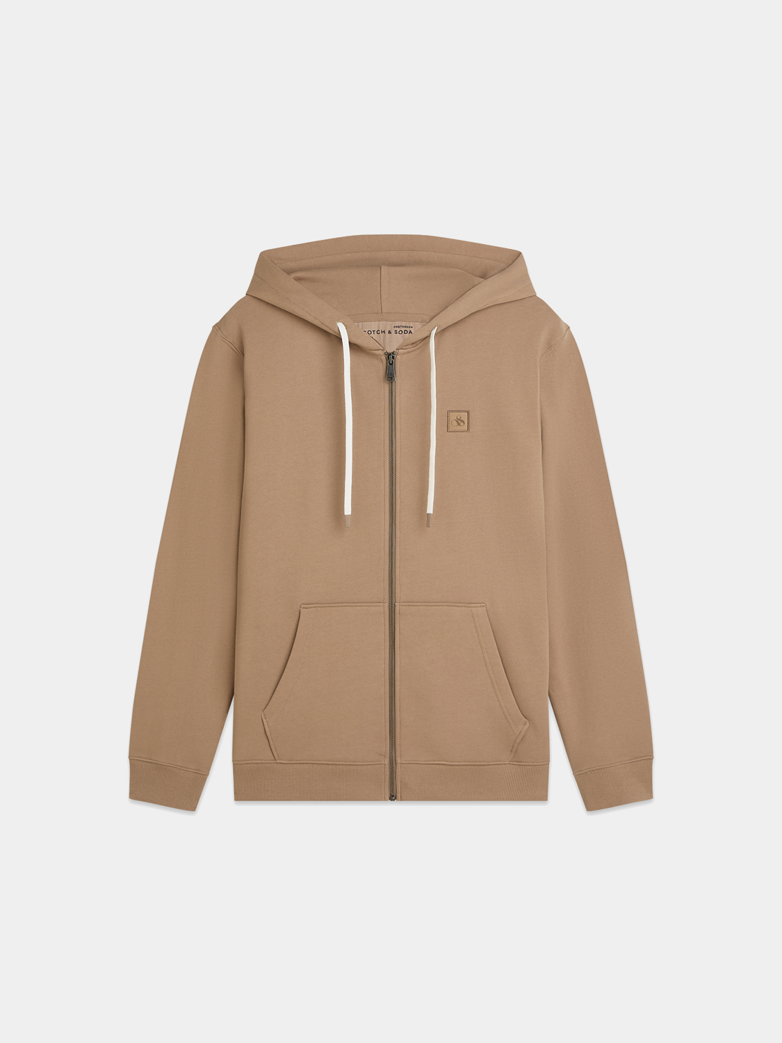 SCOTCH & SODA zip-through logo hoodie, black sweatshirt with front zipper and brand logo detail on the chest.