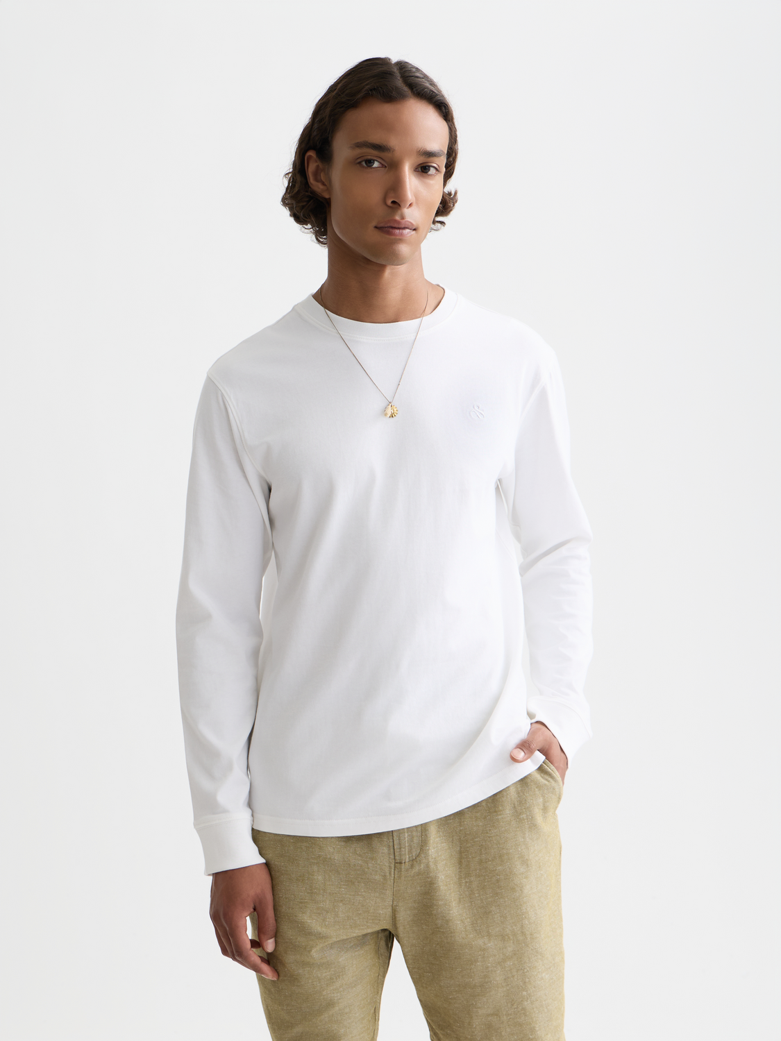 Blue Scotch & Soda long-sleeved logo T-shirt with a front chest graphic, casual style, and soft cotton fabric.