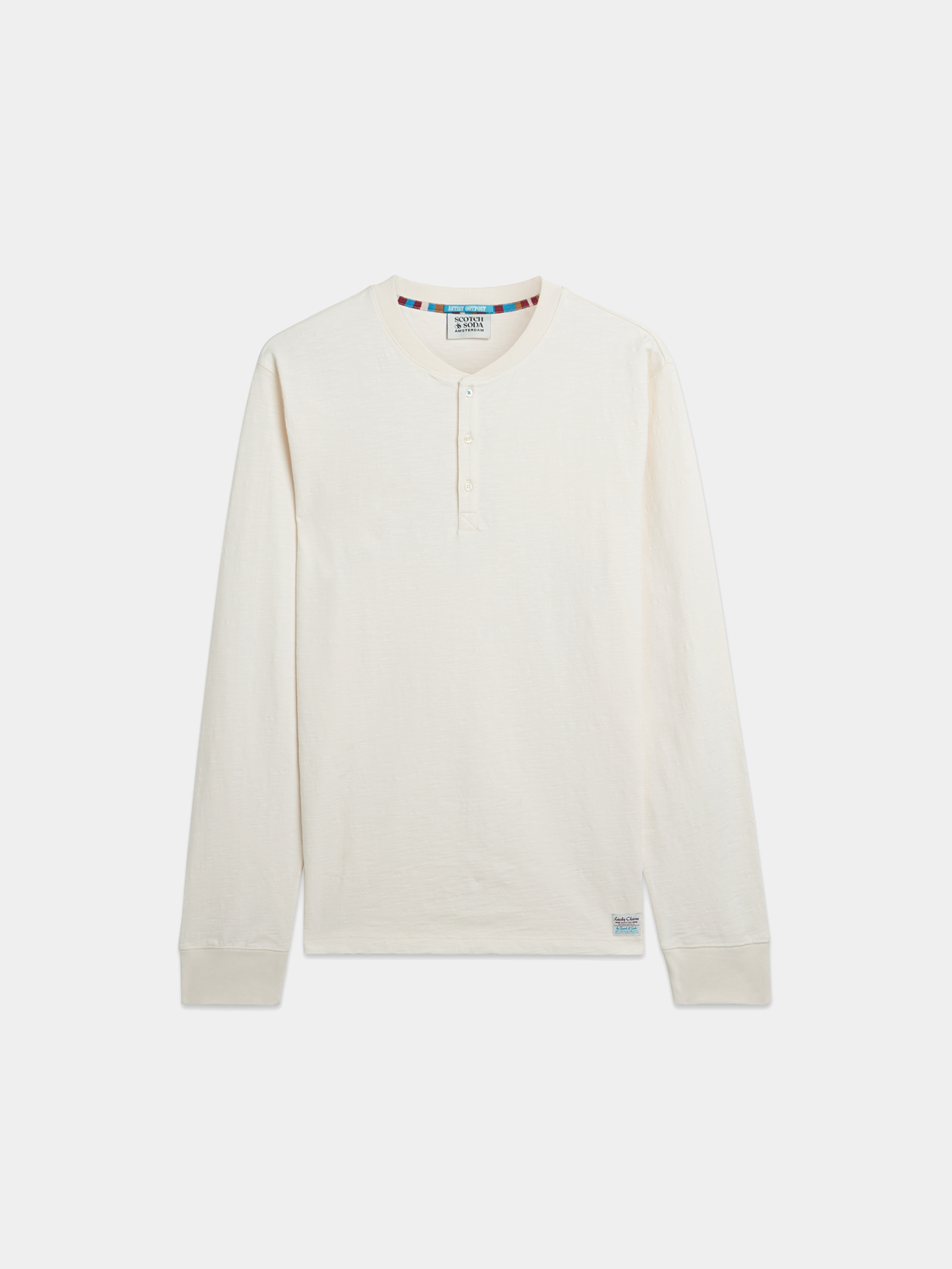 Long sleeve Scotch & Soda Slub Henley T-shirt in neutral fabric with button placket and casual fit.