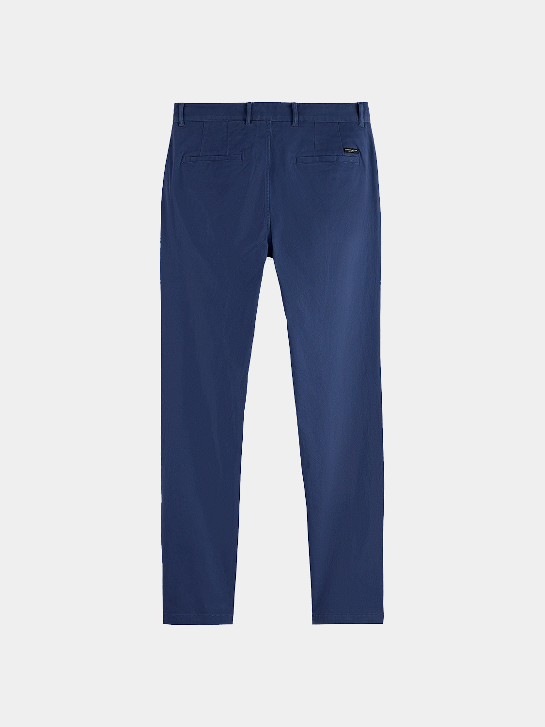 Dark blue Stuart slim-fit chinos by Scotch & Soda, showing the tailored pants with front pockets and belt loops.