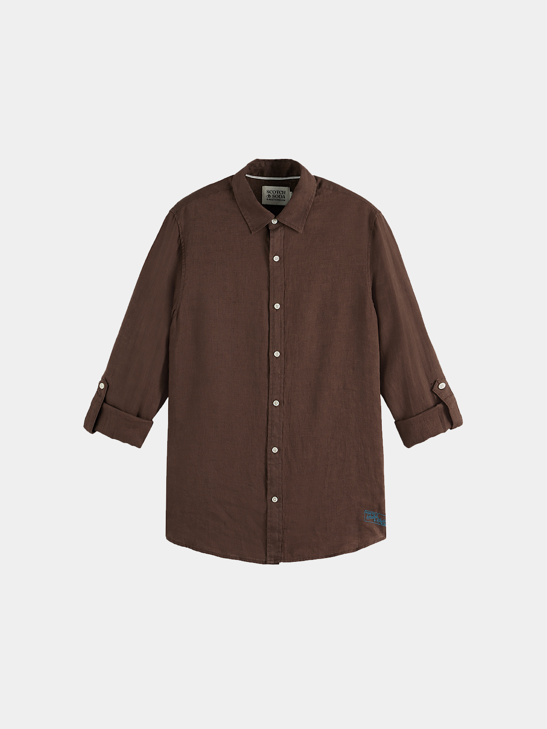 Light beige Scotch & Soda linen long sleeve shirt with a classic collar and button front, displayed on a neutral background.