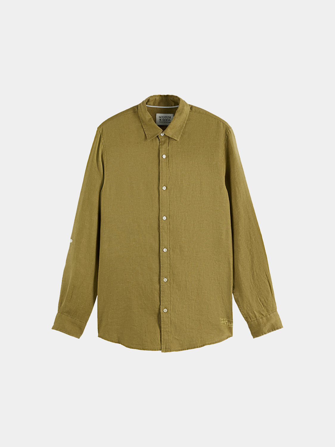 Long sleeve linen shirt by Scotch & Soda, casual men's shirt in lightweight fabric with a relaxed fit and button-up front.