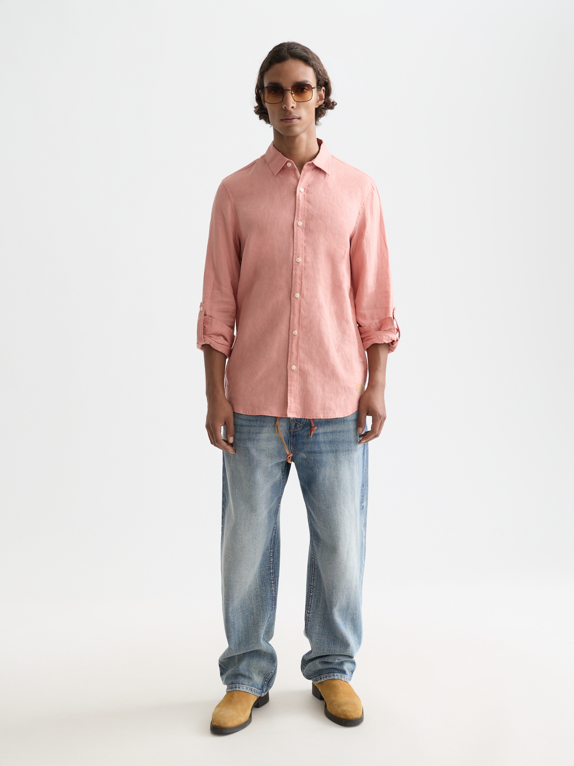Long-sleeve Scotch & Soda linen shirt displayed on a model, showcasing the relaxed fit and lightweight fabric.