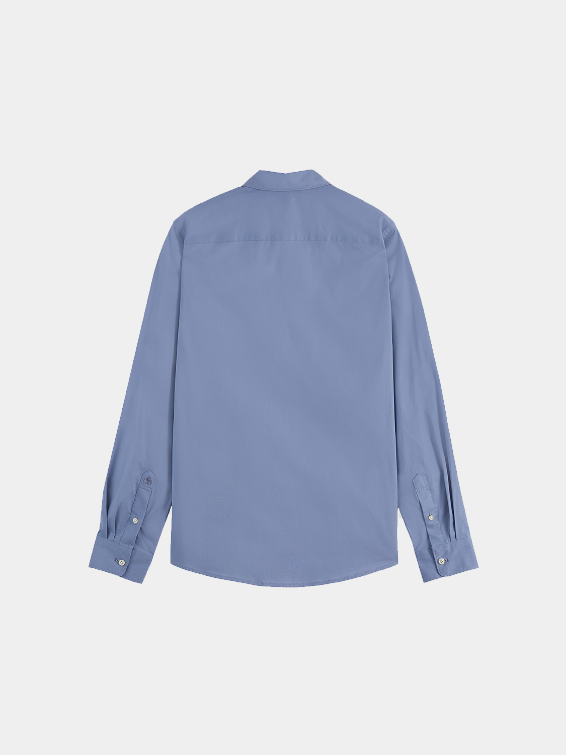 Black long-sleeve Scotch & Soda poplin shirt displayed on a hanger, showcasing its classic collar and button-down design.