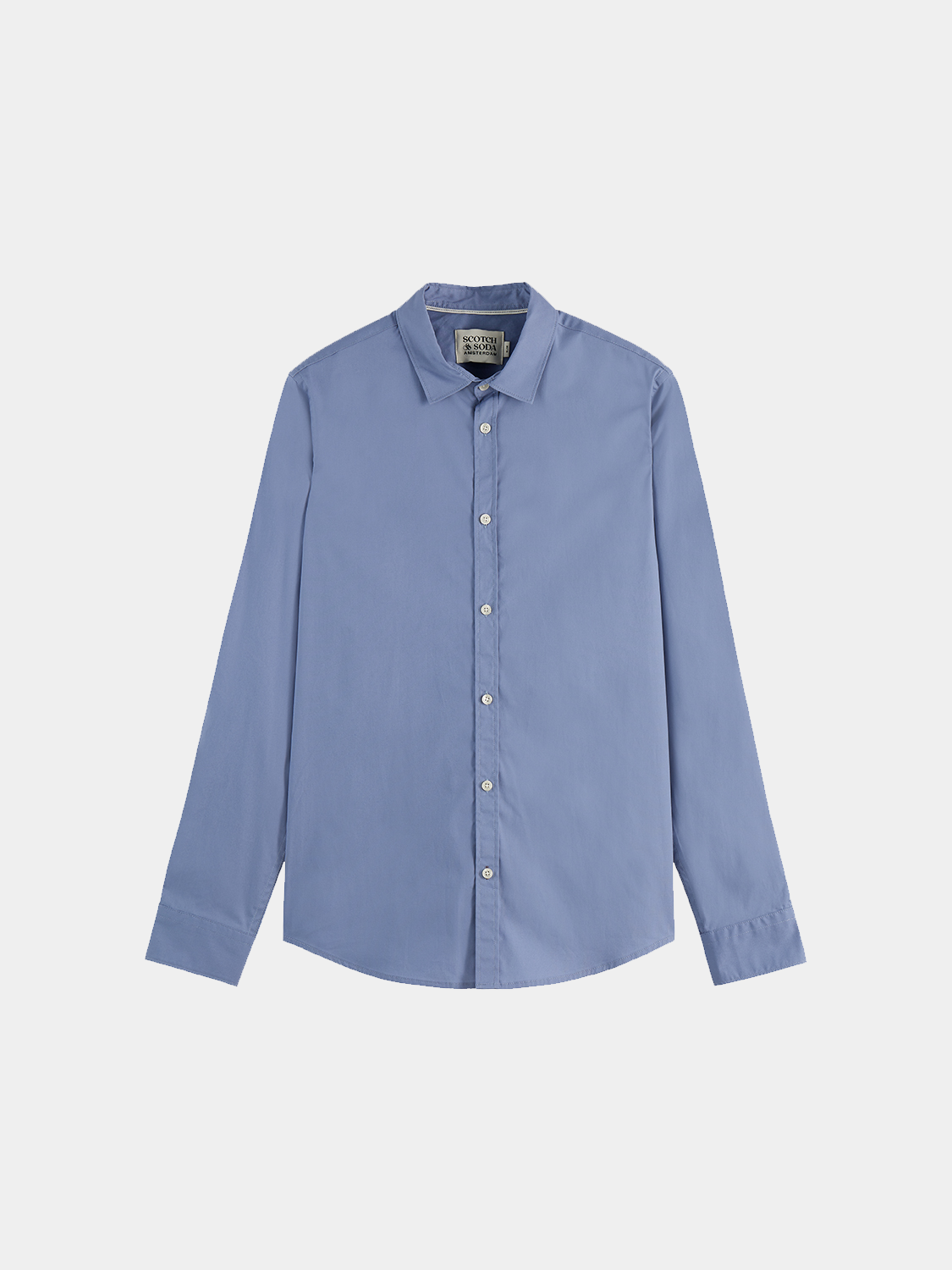 Long-sleeve Scotch & Soda poplin shirt, featuring a classic design and button-front, displayed on a neutral background.