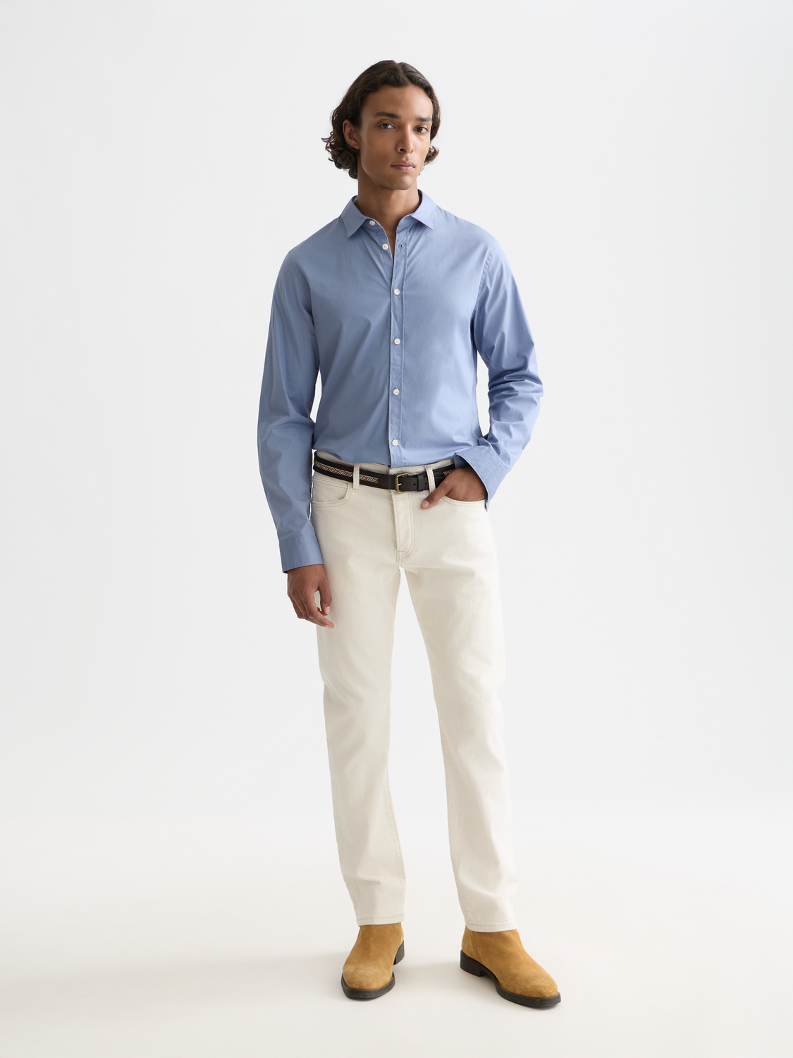 Long-sleeve Scotch & SODA poplin shirt with a classic collar and button front, showing a stylish plaid pattern.