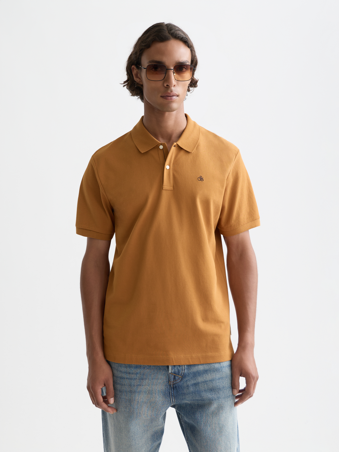 Scotch & Soda logo pique polo shirt in navy with embroidered branding and classic collar, casual men's polo top.