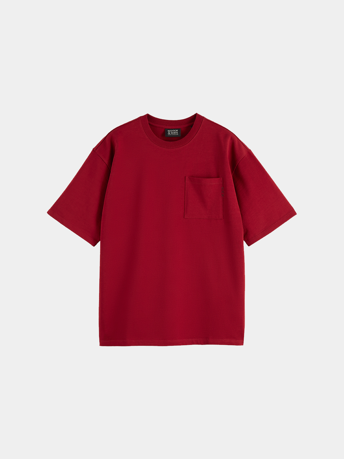 Scarlet short-sleeve T-shirt with chest pocket by Scotch & Soda, casual fit, soft fabric, front view.